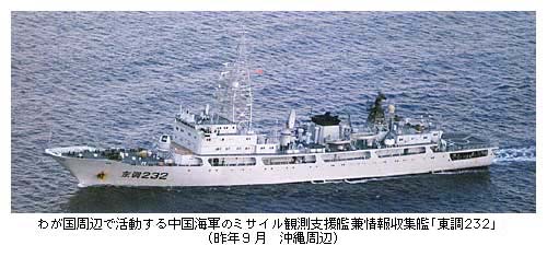 わが国周辺で活動する中国海軍のミサイル観測支援艦兼情報収集艦「東調232」（昨年9月　沖縄周辺）