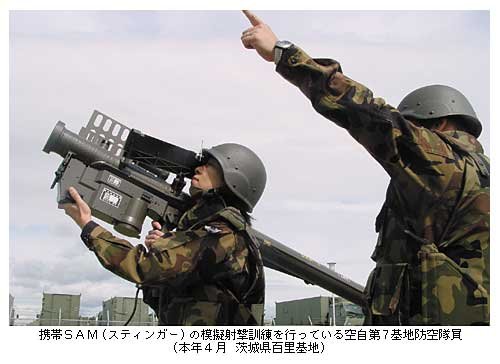 携帯SAM(スティンガー)の模擬射撃訓練を行っている空自第7基地防空隊員(本年4月　茨城県百里基地）