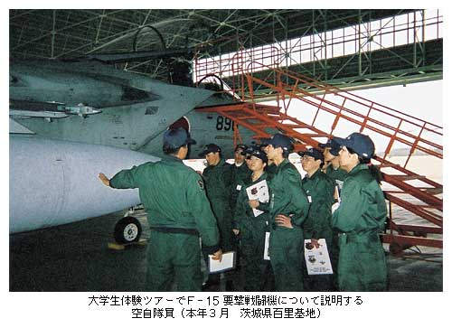 大学生体験ツアーでF-15要撃戦闘機について説明する空自隊員（本年3月　茨城県百里基地）
