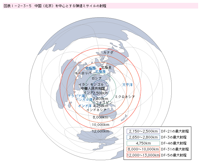 図表I-2-3-5 中国(北京)を中心とする弾道ミサイルの射程