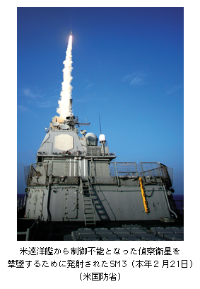 米巡洋艦から制御不能となった偵察衛星を撃墜するために発射されたSM3（本年2月21日）〔米国防省〕