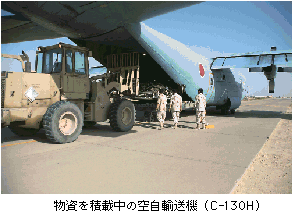 物資を積載中の空自輸送機（C-130H）