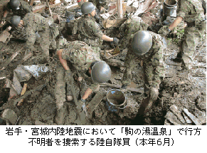 岩手・宮城内陸地震において「駒の湯温泉」で行方不明者を捜索する陸自隊員