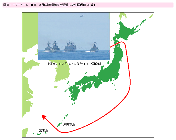 図表I-2-3-4　昨年10月に津軽海峡を通過した中国艦艇の航跡