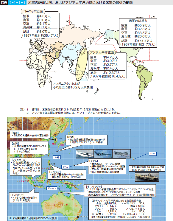 図表I—1—1—1 米軍の配備状況、およびアジア太平洋地域における米軍の最近の動向 