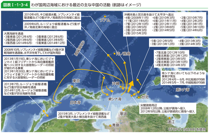 図表I-1-3-4　わが国周辺海域における最近の主な中国の活動（航跡はイメージ）