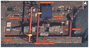 建造中の中国国産空母とされる船体（16（平成28）年6月2日）【IHS Jane’s】の画像