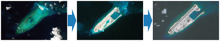 急速かつ大規模な埋め立て及び滑走路などの施設建設が進むファイアリークロス礁（左：14（平成26）年8月14日時点、中央：15（平成27）年3月18日時点、右：16（平成28）年5月1日時点）【CSIS Asia Maritime Transparency Initiative / DigitalGlobe】の画像