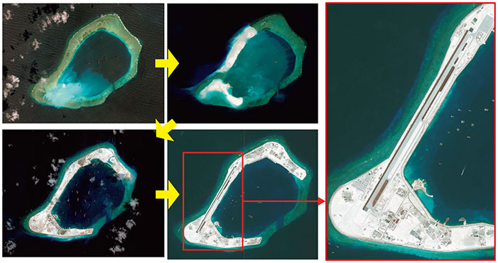 急速かつ大規模な埋め立てが進むスビ礁（左上：15（平成27）年1月26日時点、中央上：15（同27）年3月5日時点、左下：15（同27）年9月3日、中央下：16（同28年）5月1日時点）、同礁では3、000m級の滑走路などの施設建設が進んでいる（右：16（同28年）5月1日時点）（CSIS Asia Maritime Transparency Initiative / DigitalGlobe）の画像