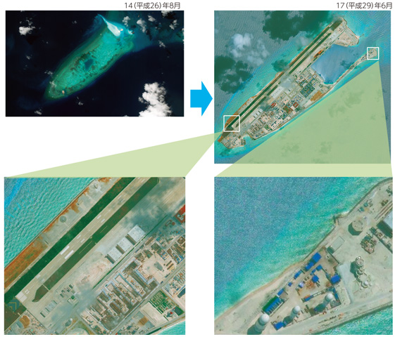 中国による一方的で大規模かつ急速な施設建設の一例（ファイアリークロス礁）【CSIS Asia Maritime Transparency Initiative / Digital Globe】
