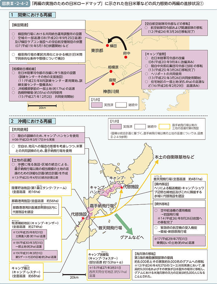図表III-2-4-2　「再編の実施のための日米ロードマップ」に示された在日米軍などの兵力態勢の再編の進捗状況①