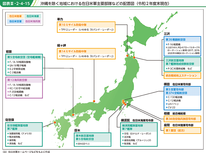 図表III-2-4-15　沖縄を除く地域における在日米軍主要部隊などの配置図（令和2年度末現在）