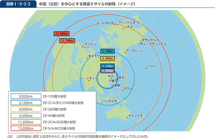 図表I-3-2-2　中国（北京）を中心とする弾道ミサイルの射程（イメージ）
